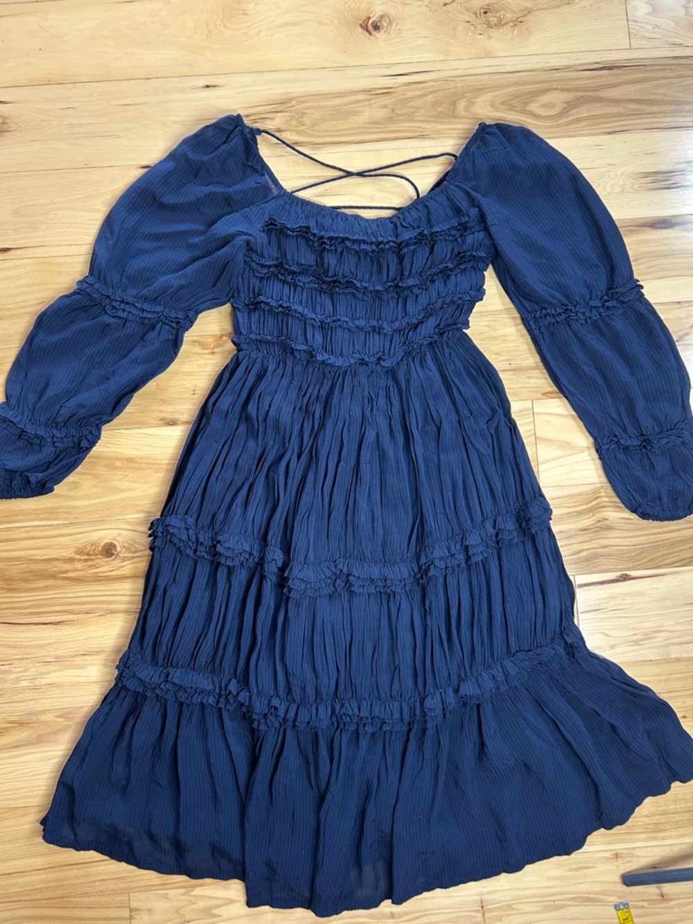 Idyllwind Navy Pinstriped Long Sleeve Smocked Tiered Dress | Size XS